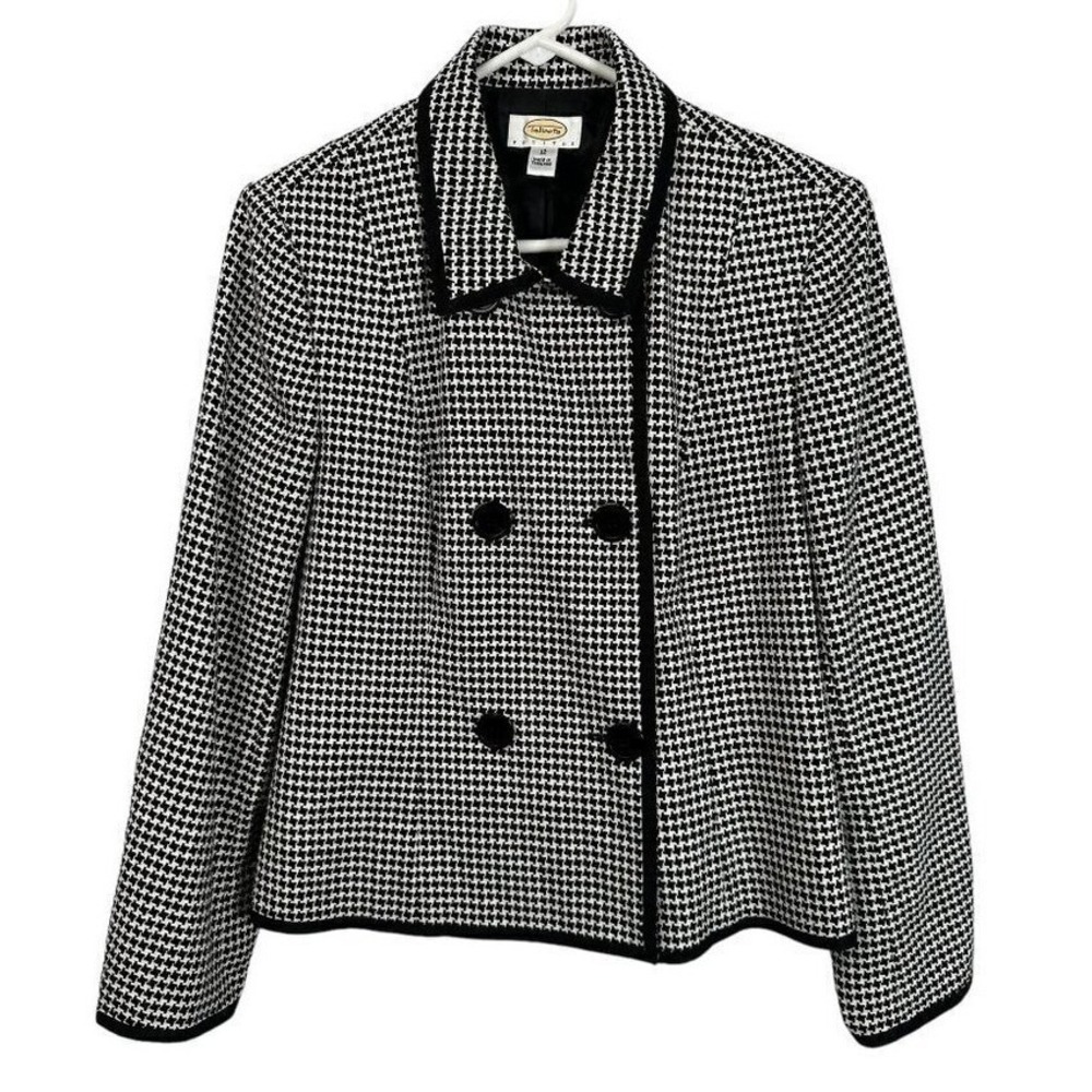 Talbots Petites‎ Houndstooth Double Breasted Blazer Black White Trim Jacket 12P